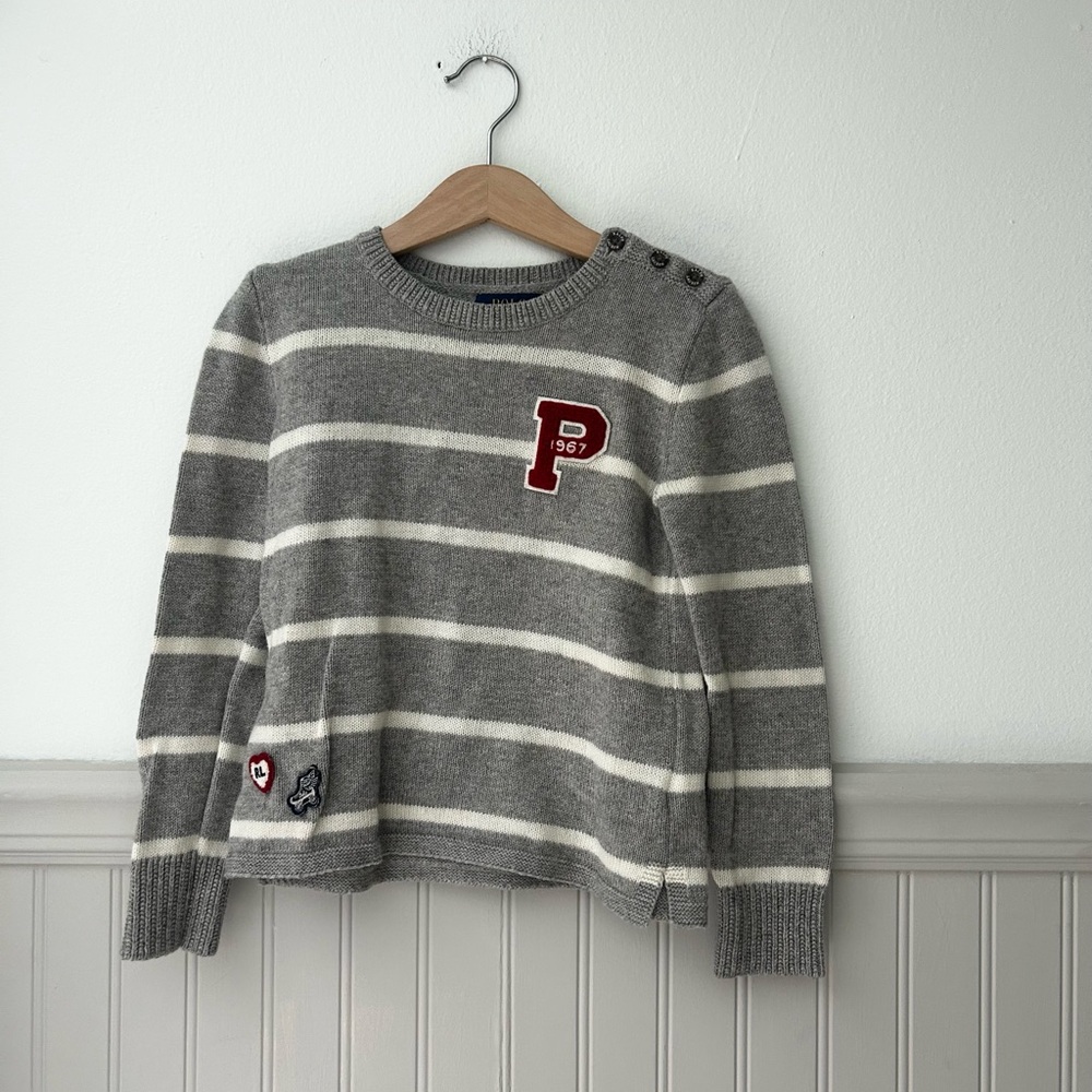 Polo by Ralph Lauren Boys 6 Gray and White Patches Striped Crewneck Sweater